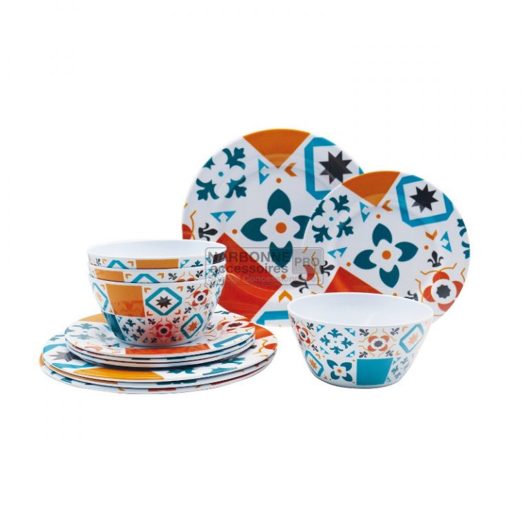 ODETTE - Set di stoviglie in melamina, effetto pietra/porcellana