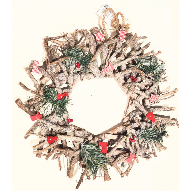 corona natalizia da appendere con rametti al naturale e decorazioni caravanbacci