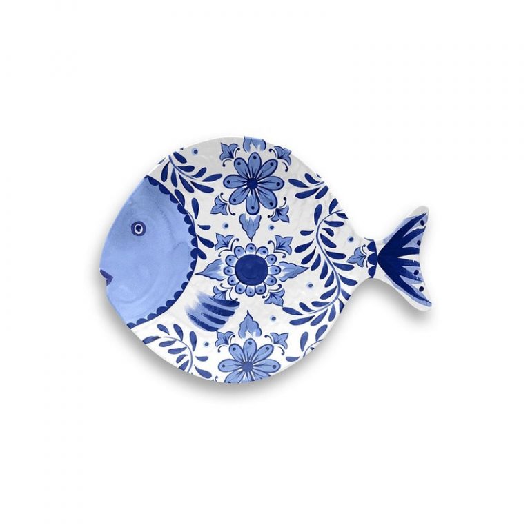 Set 3 Piatti In Melamina A Forma Di Pesce - Diametro 36 Cm, Righe Bianche E Ottanio, Lavabili In Lavastoviglie