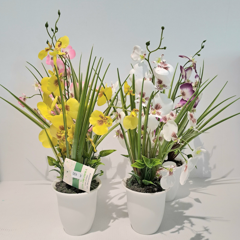 orchidea decorativa in 4 colori con vaso in plastica bianca caravanbacci