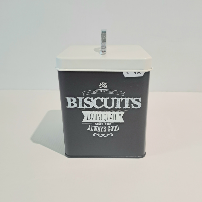 barattolo in latta nera con coperchio bianco e scritta biscotti caravanbacci
