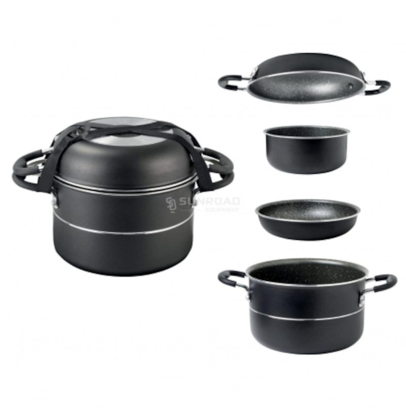 set di 8 pentole da campeggio impilabili in alluminio antiaderente caravanbacci